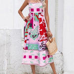 High Waisted Sleeveless Pleated Printed Split-Joint Collarless Midi Dresses Slip Dress
