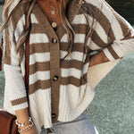 Stripe V Neck Buttoned High Low Cardigan