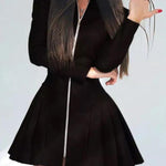 Long Sleeves Skinny Pleated Split-Joint Zipper Stand Collar Mini Dresses