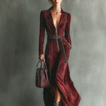 Women's Burgundy Retro Faux Suede Color-Contrast Maxi Dress