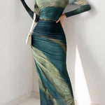 Bodycon High Waisted Contrast Color Pleated Printed Split-Joint Round-Neck Maxi Dresses