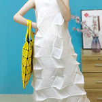 Casual Sleeveless Irregularity Pleated Solid Color Stand Collar Midi Dresses