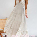 Margovil V Neck Ruffle Trim Tiered Sleeveless Linen Maxi Dress (2 Colors)
