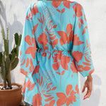 A-Line Half Sleeves Buttoned Drawstring Flower Print V-Neck Mini Dresses