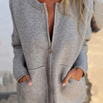 Solid Color Round Neck Long Sleeve Casual Zipper Pocket Knitted Jacket
