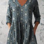 Women's Retro Floral Art Print Casual Cotton And Linen V-neck Top