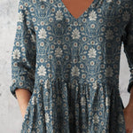 Women's Retro Floral Art Print Casual Cotton And Linen V-neck Top