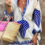 Lapel V Neck Long Sleeve Printed Shirt Dress