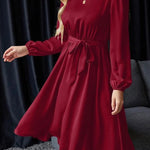Loose Puff Sleeves Elasticity Pleated Solid Color Split-Joint Tied Waist Round-Neck Midi Dresses