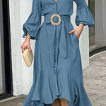 Full-Sleeve V Neck Belt Button Pocket Midi Dress
