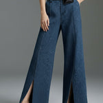 Wide Leg No Belt Solid Color Split-Front Jean Pants Bottoms Trousers