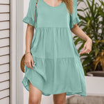 A-Line Flared Sleeves Pleated Pockets Ruffled Solid Color Split-Joint Round-Neck Mini Dresses