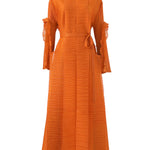 Casual Long Sleeves Loose Tied Pleated Stand Collar Midi Dresses