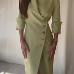Elegant Look Linen Blend Stand Lapel Neck Half Sleeve Side Button Midi Dress