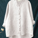 Women's Casual Cotton and Linen Ruffle Shirt