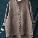 Women's Casual Cotton and Linen Ruffle Shirt