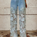 Women's Mid Waist Buttoned Lace Patchwork Jeans