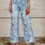 Women's Mid Waist Buttoned Lace Patchwork Jeans
