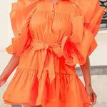 A-Line High Waisted Buttoned Pleated Ruffled Solid Color Tied Waist Lapel Mini Dresses