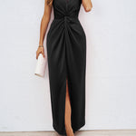 Bodycon High Waisted Elasticity Knot Solid Color Split-Front Split-Joint Zipper V-Neck Maxi Dresses