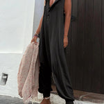 Hooded Loose Buttoned Solid Color V-neck Jumpsuits