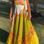 Linen Blend Contrast Floral Print back smocked Pocket Maxi Dress