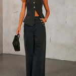 Denim Button Sleeveless Vest & Wide Leg Jeans 2Pcs Set