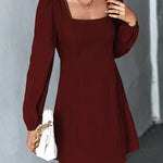 A-Line High Waisted Solid Color Split-Joint Square-Neck Mini Dresses