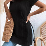 Short Sleeves Pleated Solid Color Split-Joint Split-Side Round-Neck T-Shirts