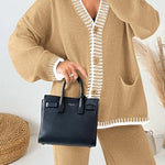 Fashion Casual Knitted Long Sleeve Pocket Cardigan and Elastic Waist Loose Wide Leg Pants Set
