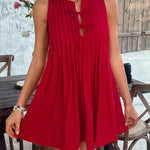 A-Line Loose Pleated Solid Color Tied Round-Neck Mini Dresses Vest Top