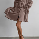 A-Line Flared Sleeves Buttoned Elasticity Pleated Solid Color Tied Zipper Stand Collar Mini Dresses