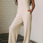 Apricot Sleeveless Buttoned Ribbed Wide Leg Jumpsuit with Pockets