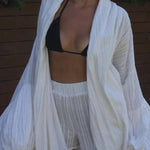 Solid Color Loose Long-sleeved Tie-front Top and Elastic Waist Casual Shorts Set