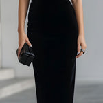Dramatic Black Velvet Bow Midi Dress