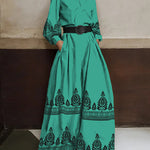 Long Sleeves Loose Buttoned Pleated Pockets Printed Stand Collar Jumpsuits