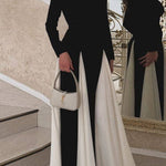 A-Line Long Sleeves Contrast Color Elasticity Pleated Split-Joint Round-Neck Evening Dresses Maxi Dresses