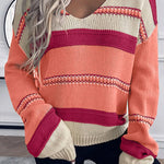 Peach Blossom Striped Pattern Knit V Neck Sweater