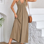 A-Line Loose Pleated Solid Color Split-Joint Deep V-Neck Maxi Dresses