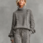 Women's Casual Cable Knit Turtleneck Sweater Cargo Pants Set