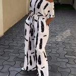 Half Sleeves Loose Printed Striped Tied Waist One-Shoulder Jumpsuits