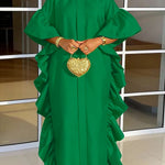 Long Sleeves Loose Ruffle Trim Solid Color Split-Joint Round-Neck Maxi Dresses