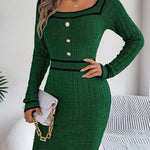 Bodycon Long Sleeves Buttoned Contrast Color Plaid Square-Neck Mini Dresses Sweater Dresses