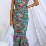 Styled To Perfection Floral Ruched Mesh Overlay Ruffle Hem Maxi Dress