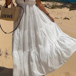 Bohemian Style V-neck Backless Slip Layered Vacation Maxi Dress