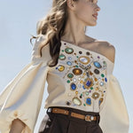 Long Sleeves Puff Sleeves Printed Off-The-Shoulder Blouses&Shirts Tops