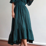 RUFFLED EDGE OFF SHOULDER MIDI DRESS