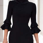 Black Cowl Neck Midi Dress With Double Ruffle Sleeves