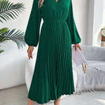 A-Line High Waisted Elasticity Pleated Solid Color V-Neck Maxi Dresses
