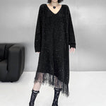 Irregularity Long Sleeves Contrast Color Sequined Shiny Split-Joint Tasseled V-Neck Midi Dresses Sweater Dresses